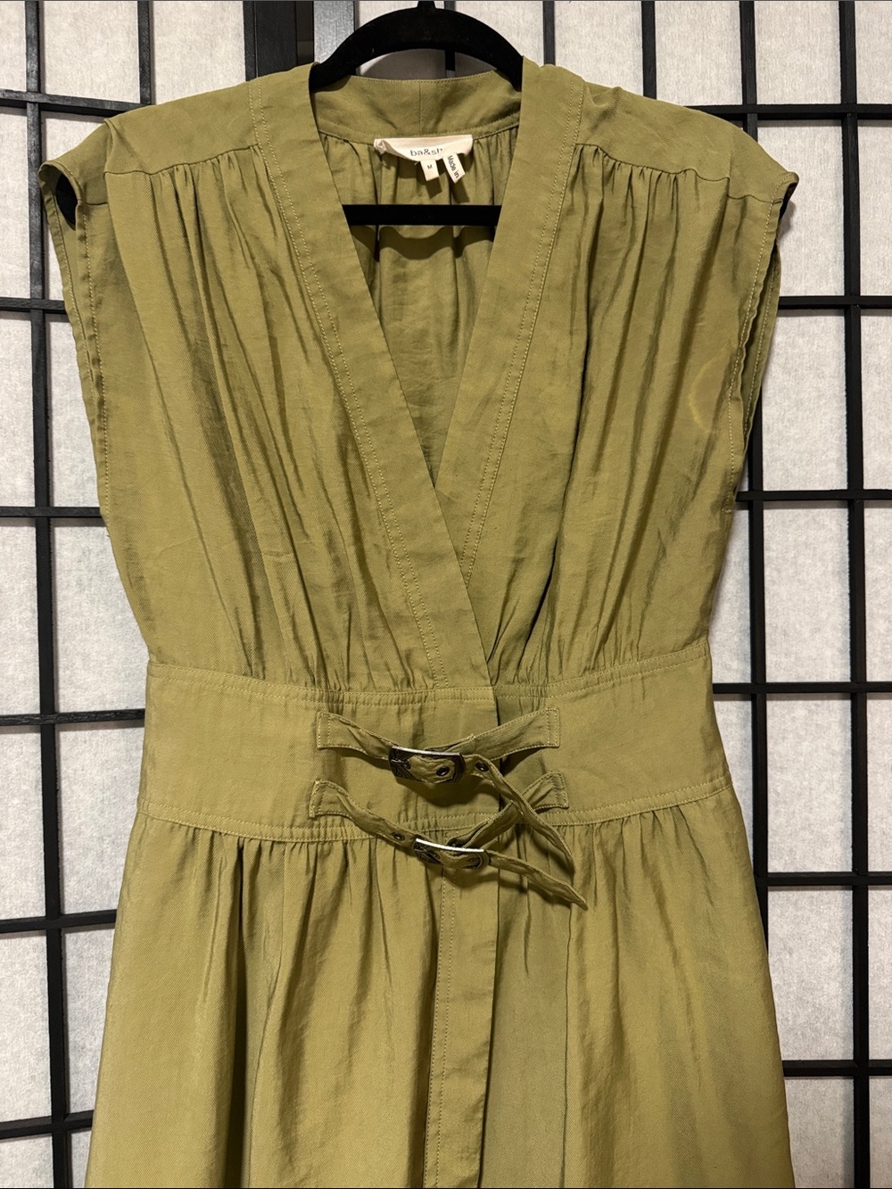 ba&sh Dove Olive Green Wrap Midi Dress with Double Buckle Waist - Picture 11 of 16